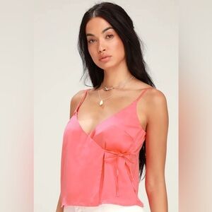 NWT Lulus Lissie Coral Pink Satin Sleeveless Wrap Spaghetti Strap Tank Top